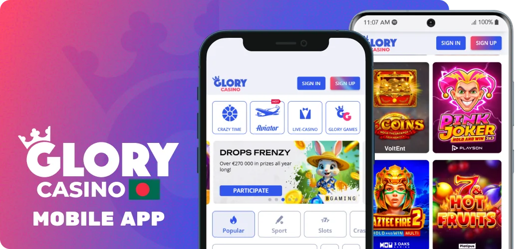Download iOS or Android app to play at Glory Casino